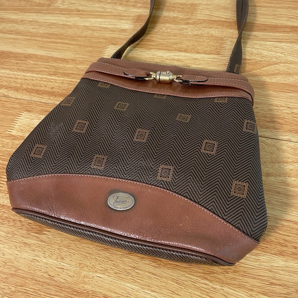Vintage Leather Texier Brown Shoulder Bag made in France monogram canvas leather